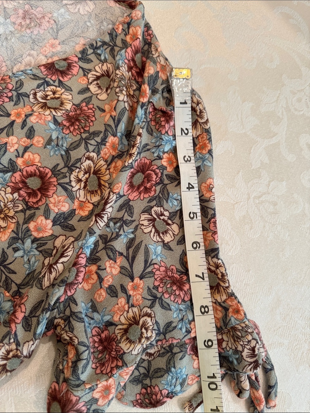 Maurices Dusty GreenFloral Wrap Top with Peach and Cream Blooms - Picture 12 of 12
